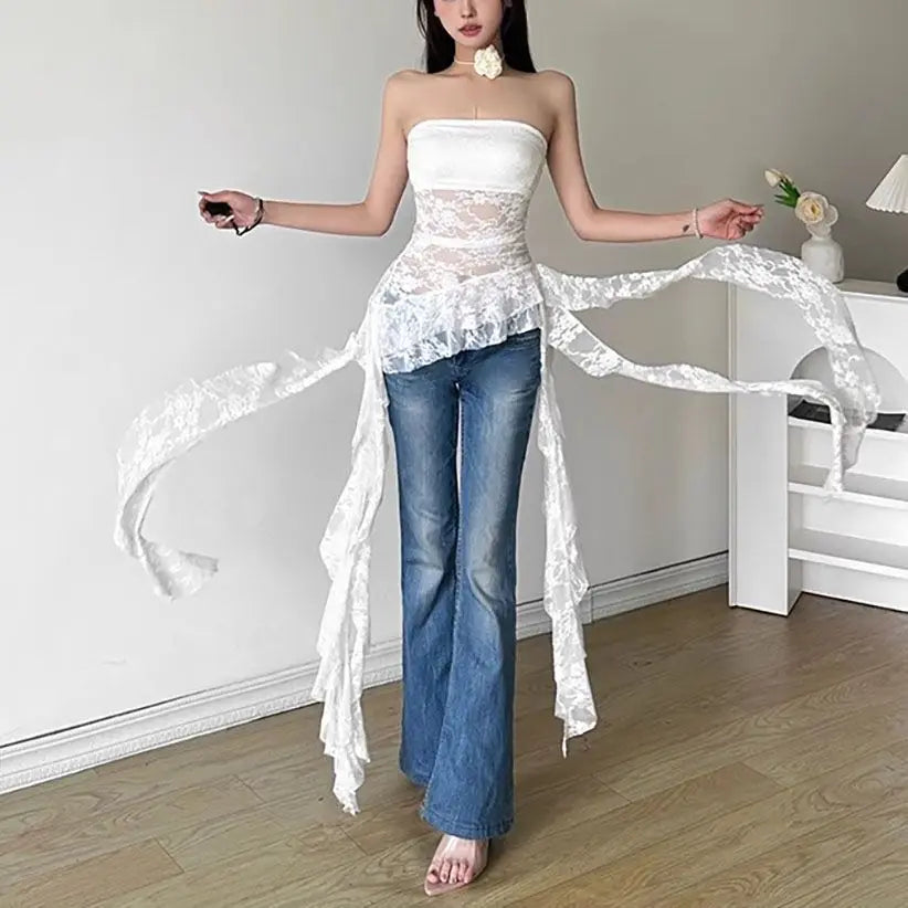 Summer Women Sexy Lace Splice Tube Top Vest Irregular Ruffle Hem Slim Fit Pure Desire Spicy Style Fashion Outwear Tops