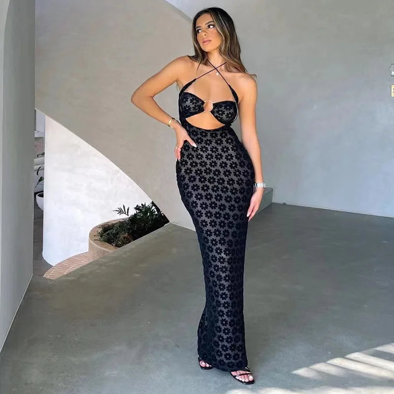 2024 Summer New Women's Fashion Hanging Neck Sexy Hollow Perspective Slim Fit Wrapped Hip Dress