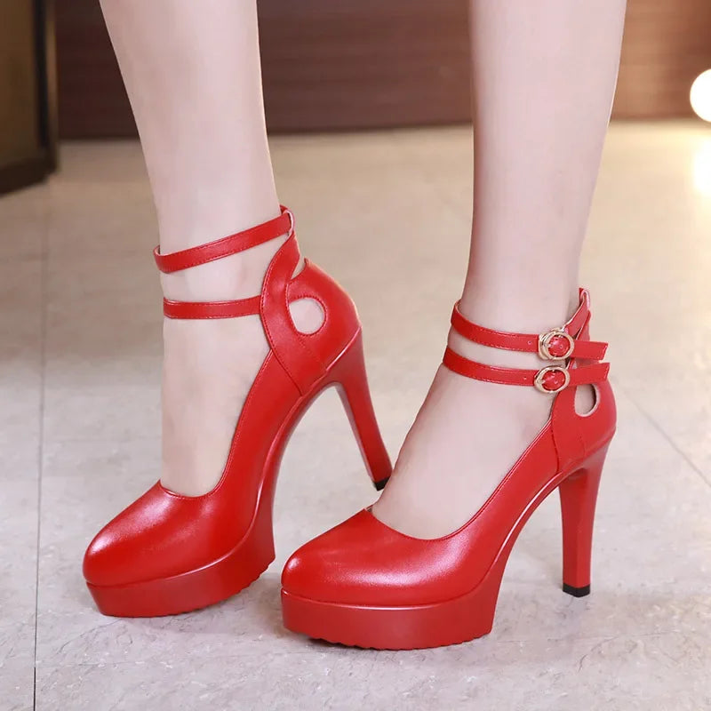 11cm Small Size 32-43 Double Ankle Buckle Soft Leather Shoes Platform Pumps 2025 Block High Heels Shoes for Office Model Dress