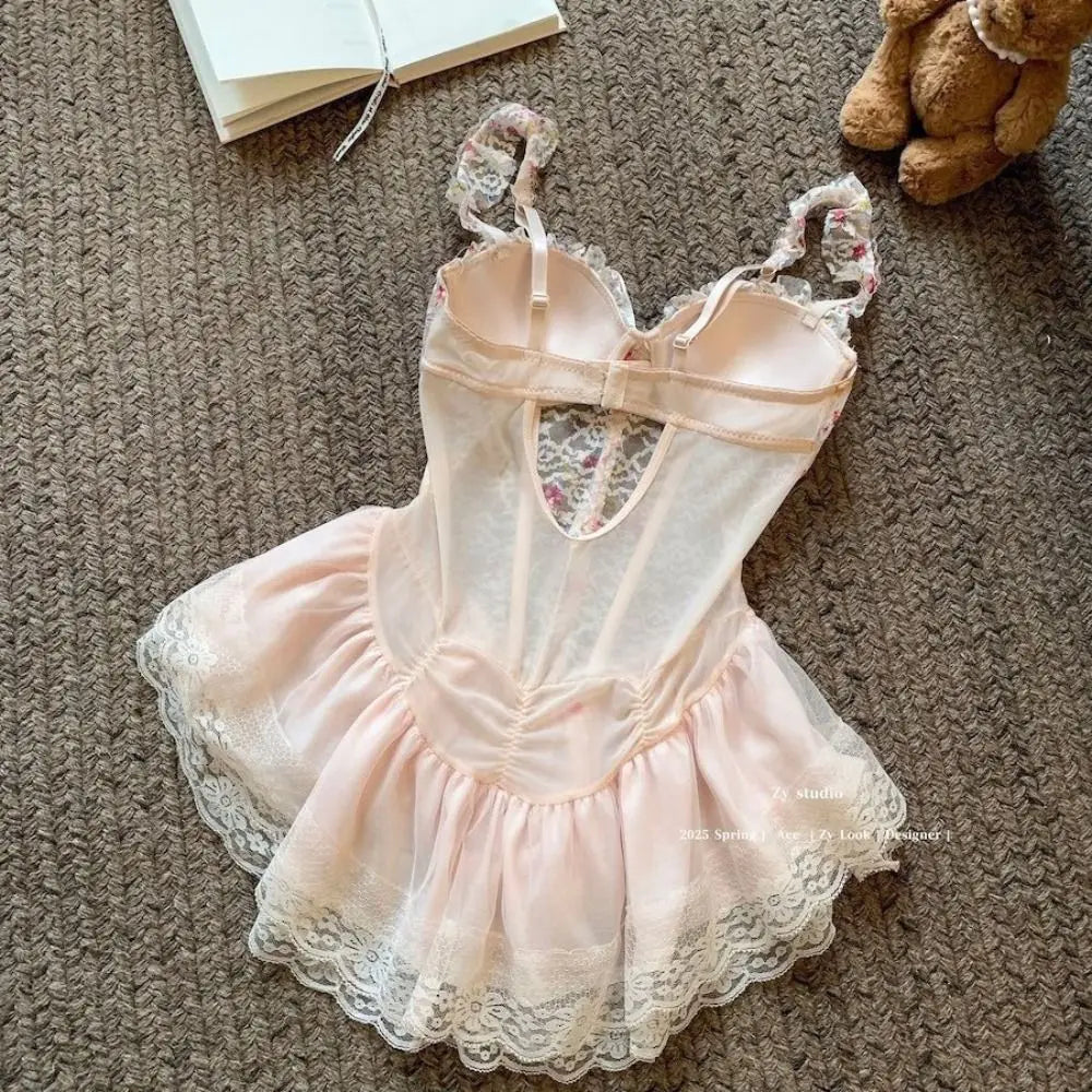 Comfortable Thin Sweet Lace Nightdress Beauty-back Lace-up Sleeveless Nightwear with Chest Pad Homewear Pajamas Women Female