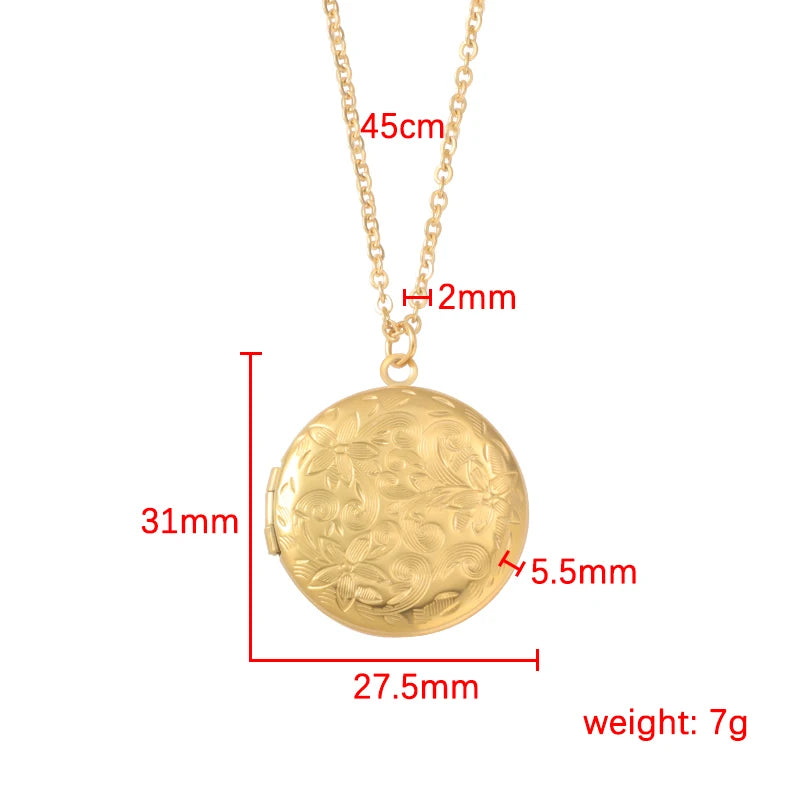 RUMNVNTY 5pc Carved Designs Round Photo Frame Pendant Necklace Stainless Steel Charms Locket Girls Women Memorial Jewelry