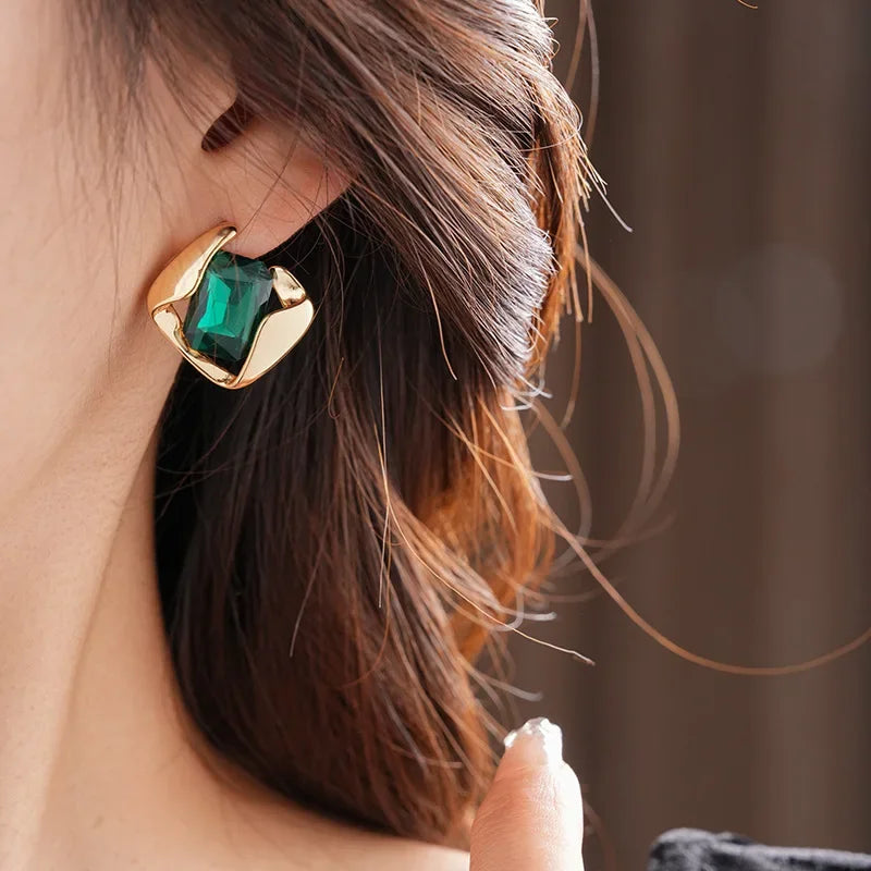 Green Fashion Wedding Jewelry Set Square Earring Retro Light Luxury Temperament Collarbone Chain Necklace