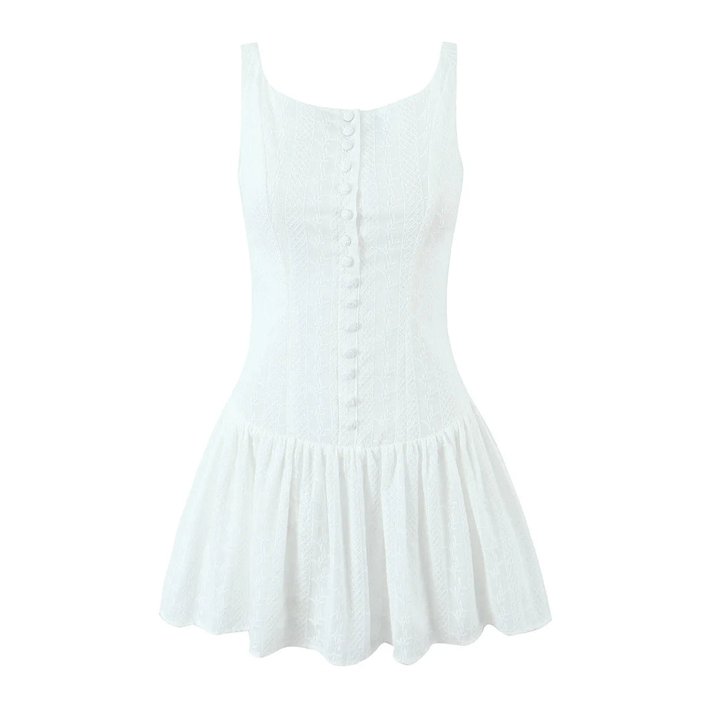 2024 Sexy White Embroidery Lace Low Waist Mini Tank Dress Women Open Buttons Neck Bodycon Sleeveless Ruched Hem Swing Party Robe