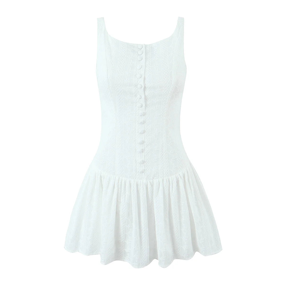 2024 Sexy White Embroidery Lace Low Waist Mini Tank Dress Women Open Buttons Neck Bodycon Sleeveless Ruched Hem Swing Party Robe