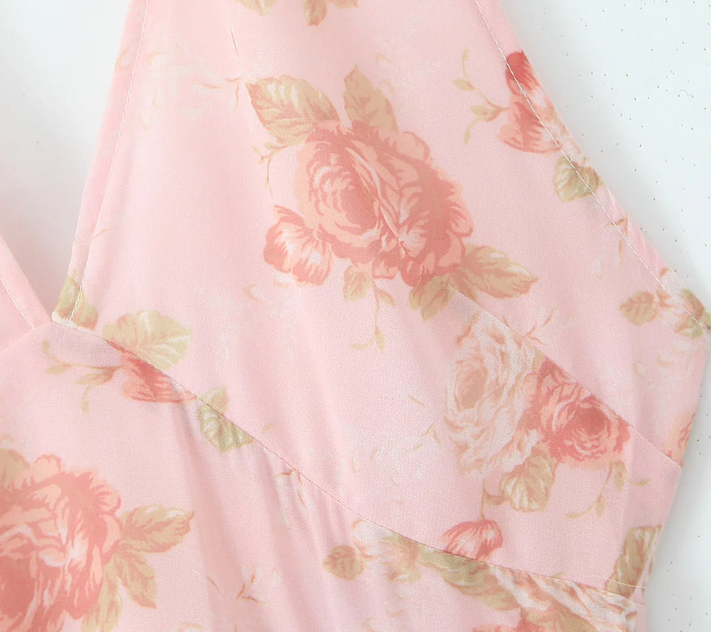 Summer Pink Flower Print Halter V Collar Sling Midi Dress Women Low Waist A-Line Pleated Swing Backless Robe Beach