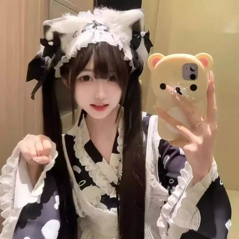 New Lolita Cat Ears Headband Lace Cosplay Head Wrap Bow Headdress Women