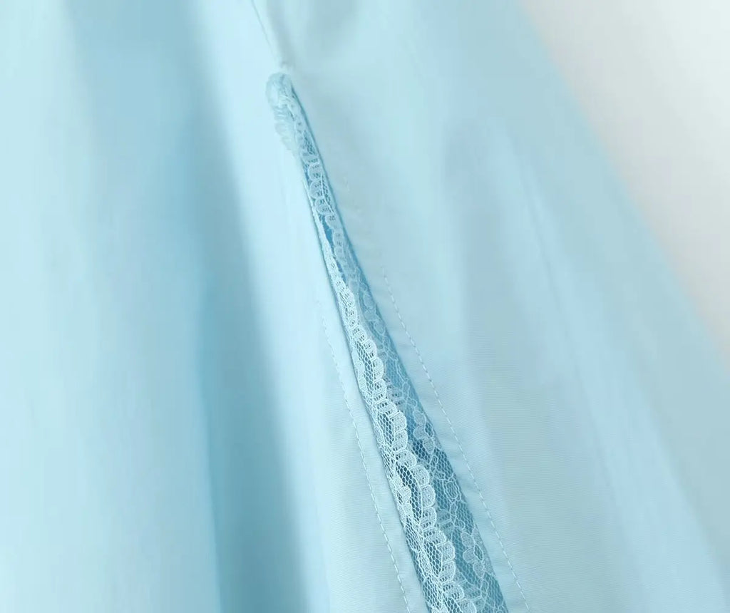 2024 Sexy Sky blue Splice Lace Bow Ruched Chest Corset Style Sling Dress Cross Bandage Lacing Up Back Hem Slit Midi Robe Women