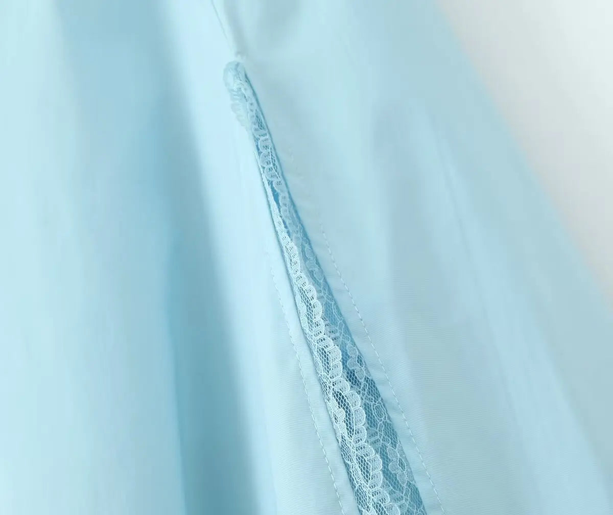 2024 Sexy Sky blue Splice Lace Bow Ruched Chest Corset Style Sling Dress Cross Bandage Lacing Up Back Hem Slit Midi Robe Women
