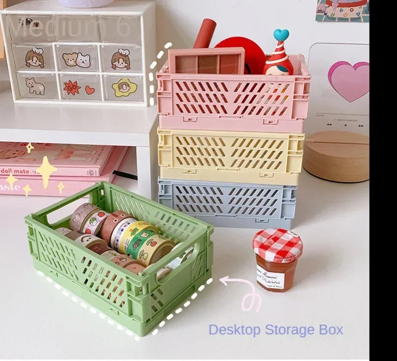 Folding Plastic Storage Box Collapsible Storage Mini Container Desktop Cosmetic Storage Basket Home Office Organizer Box