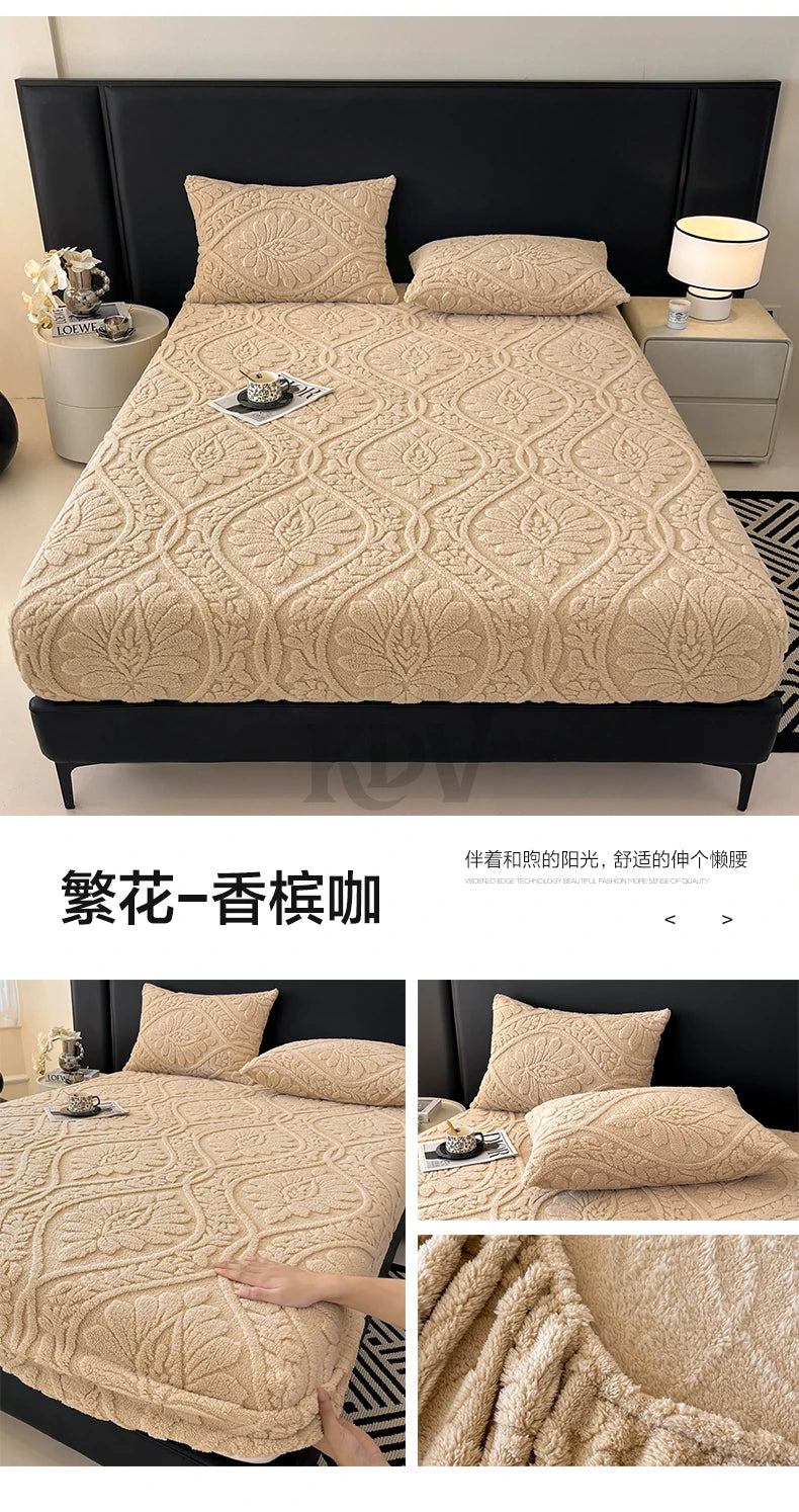 European Style Jacquard Taffeta Fitted Sheet Winter Warm Soft Plush Mattress Protector with Deep Pockets Floral Queen Bed Sheets