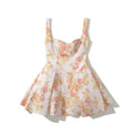 2024 Sexy Pink Flower Print V Collar Sling Dress Women Corset Style Low Waist Folds Hem Ball Gown Swing Mini Tank Robe
