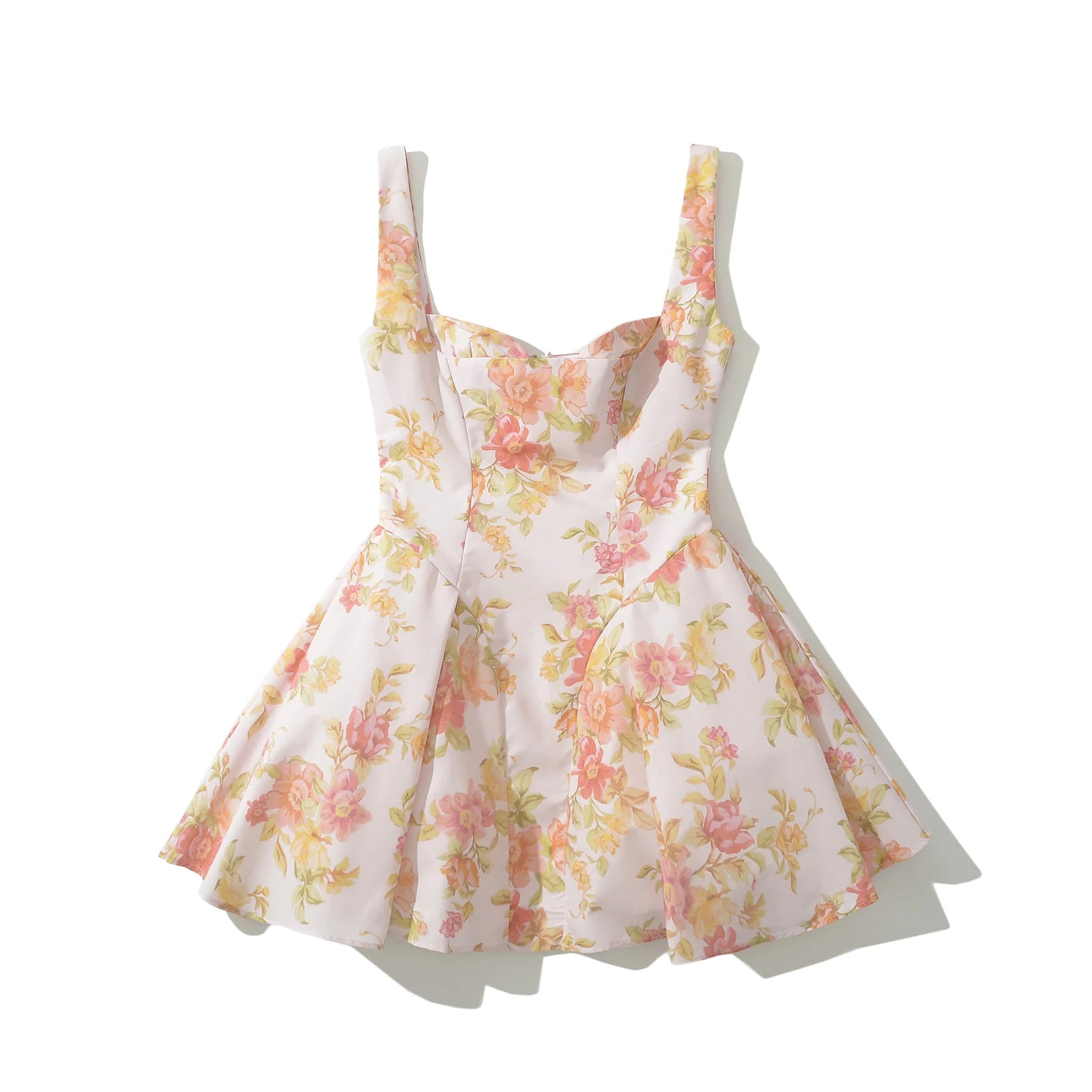 2024 Sexy Pink Flower Print V Collar Sling Dress Women Corset Style Low Waist Folds Hem Ball Gown Swing Mini Tank Robe