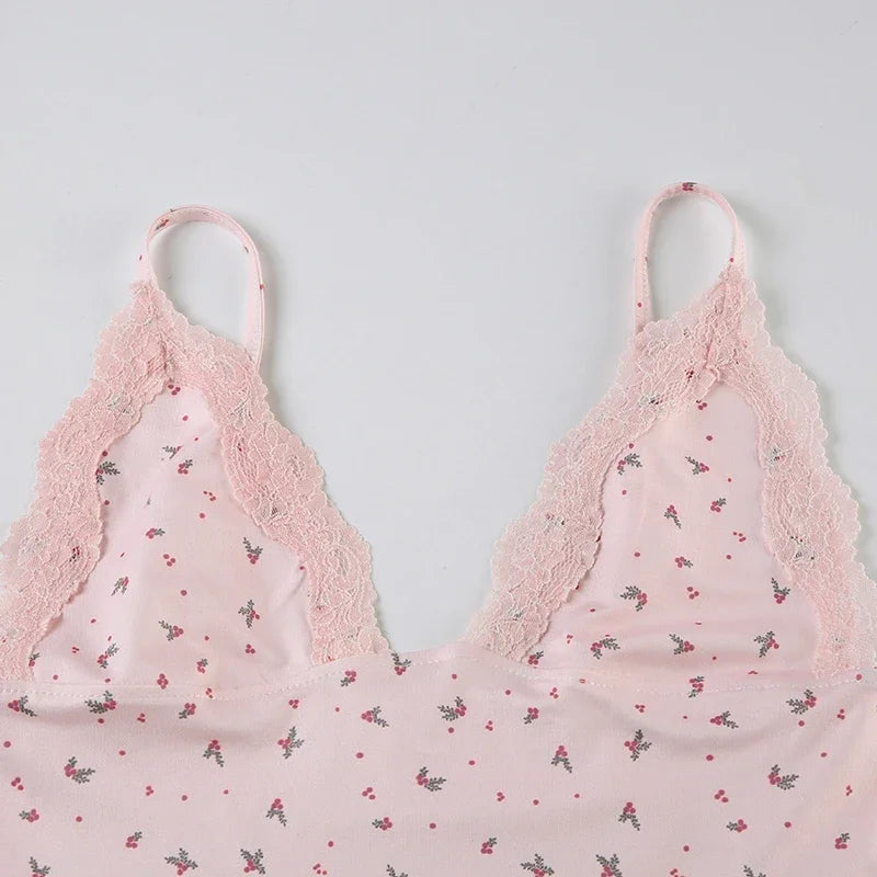 Women Sleepwear Pink Floral Lace Patchwork Two-piece Pajamas Set Sleeveless Camisoles and Slim Cute Shorts Loungewear