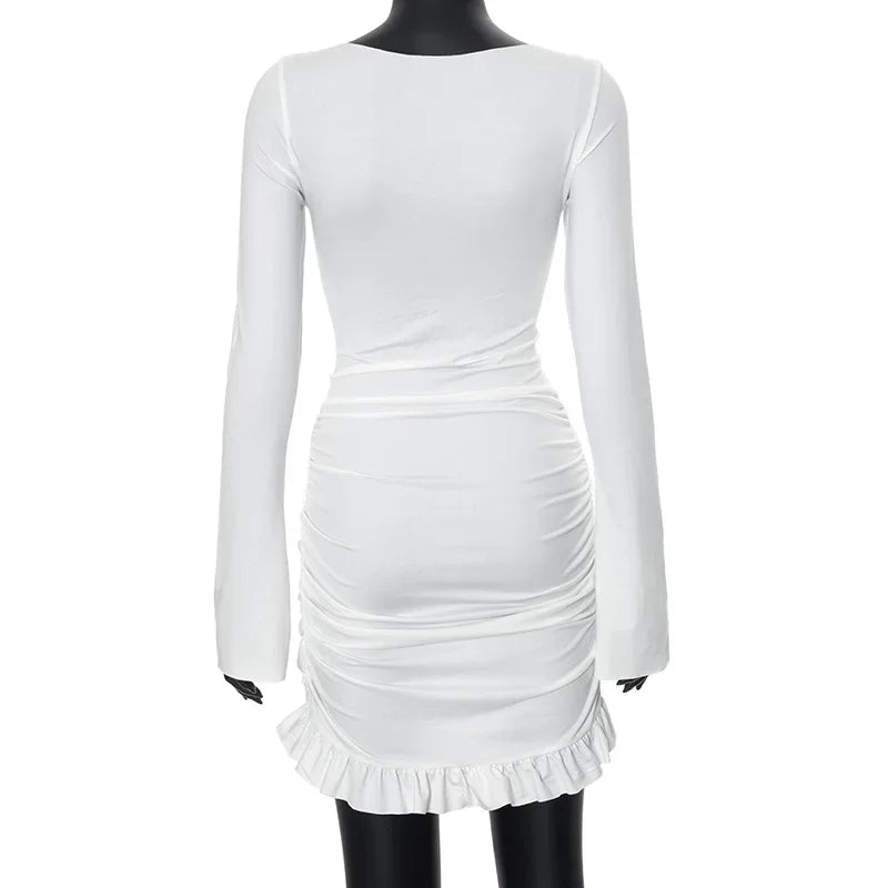 Ruched Bodycon Dress Women Sexy Long Sleeve Twist Ruffles Hem Mini Y2k Dresses Autumn White Elegant