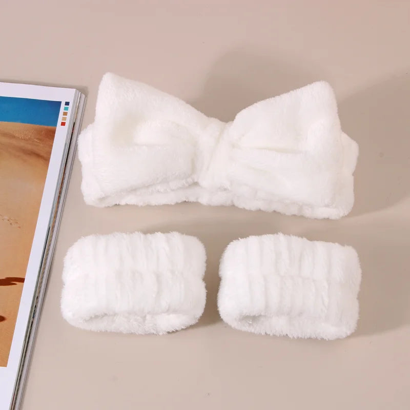 3Pcs Bow Headband Wristband Set Towel Elastic Soft Washing Face Shower Make Up Yoga Sports Skincare Headband for Women Girls