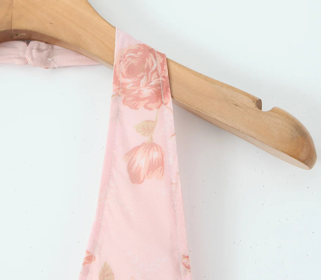 Summer Pink Flower Print Halter V Collar Sling Midi Dress Women Low Waist A-Line Pleated Swing Backless Robe Beach