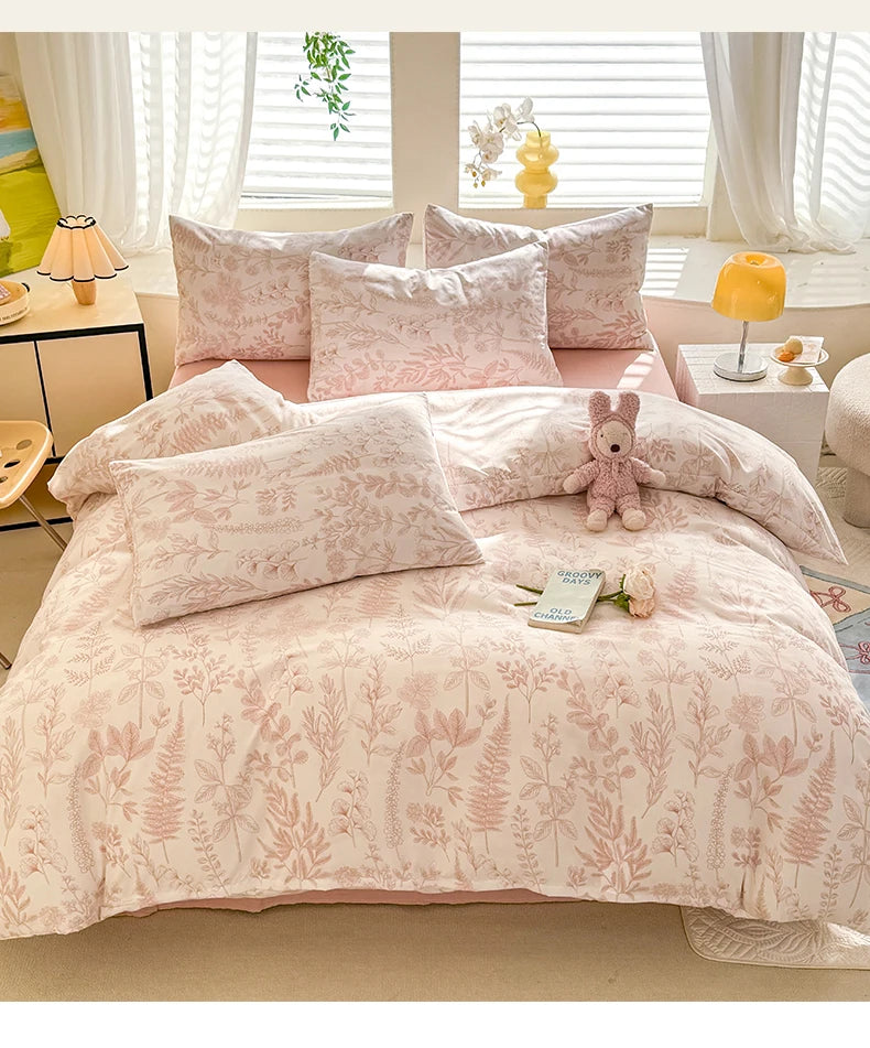 Bonenjoy Pink Flower Duvet Cover Sets Washed Polyester Super Soft Bed Cover Sets Single/Queen/King Quilt Cover with  Pillowcase