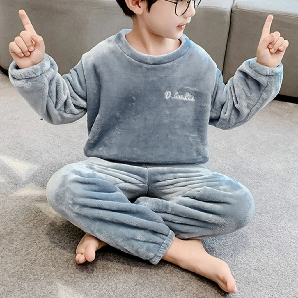 Kids Pajamas Long Sleeve Lounge Wear Soft Flannel Sleepwear Cozy Pullover Tops Warm Trousers Girl Boy Nightwear Home Outfit Set