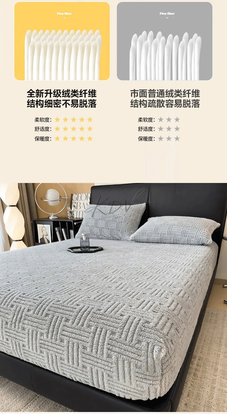 Winter Embossed Plush Fitted Sheet Soft Warm Coral Velvet Mattress Protector Cover Queen Size Deep Pocket Elastic Bed Sheet Set