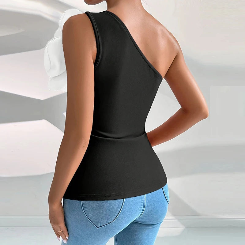 Elegant Flower Design T Shirt Women Sexy Sleeveless Women T-Shirts Pink Red Black Fashion Slim Tee Tops Female Pullover