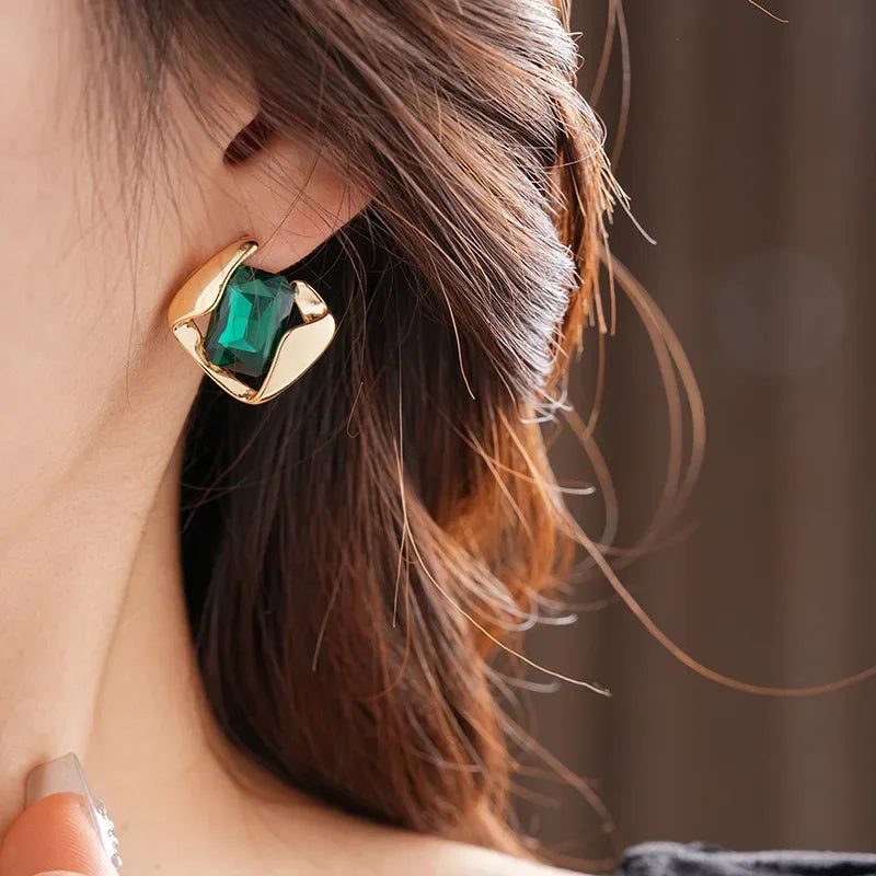 Green Fashion Wedding Jewelry Set Square Earring Retro Light Luxury Temperament Collarbone Chain Necklace