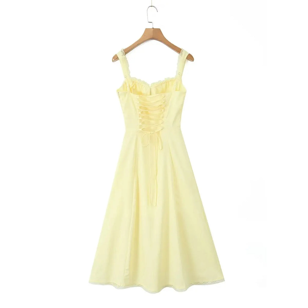 2024 Sexy Sky blue Splice Lace Bow Ruched Chest Corset Style Sling Dress Cross Bandage Lacing Up Back Hem Slit Midi Robe Women