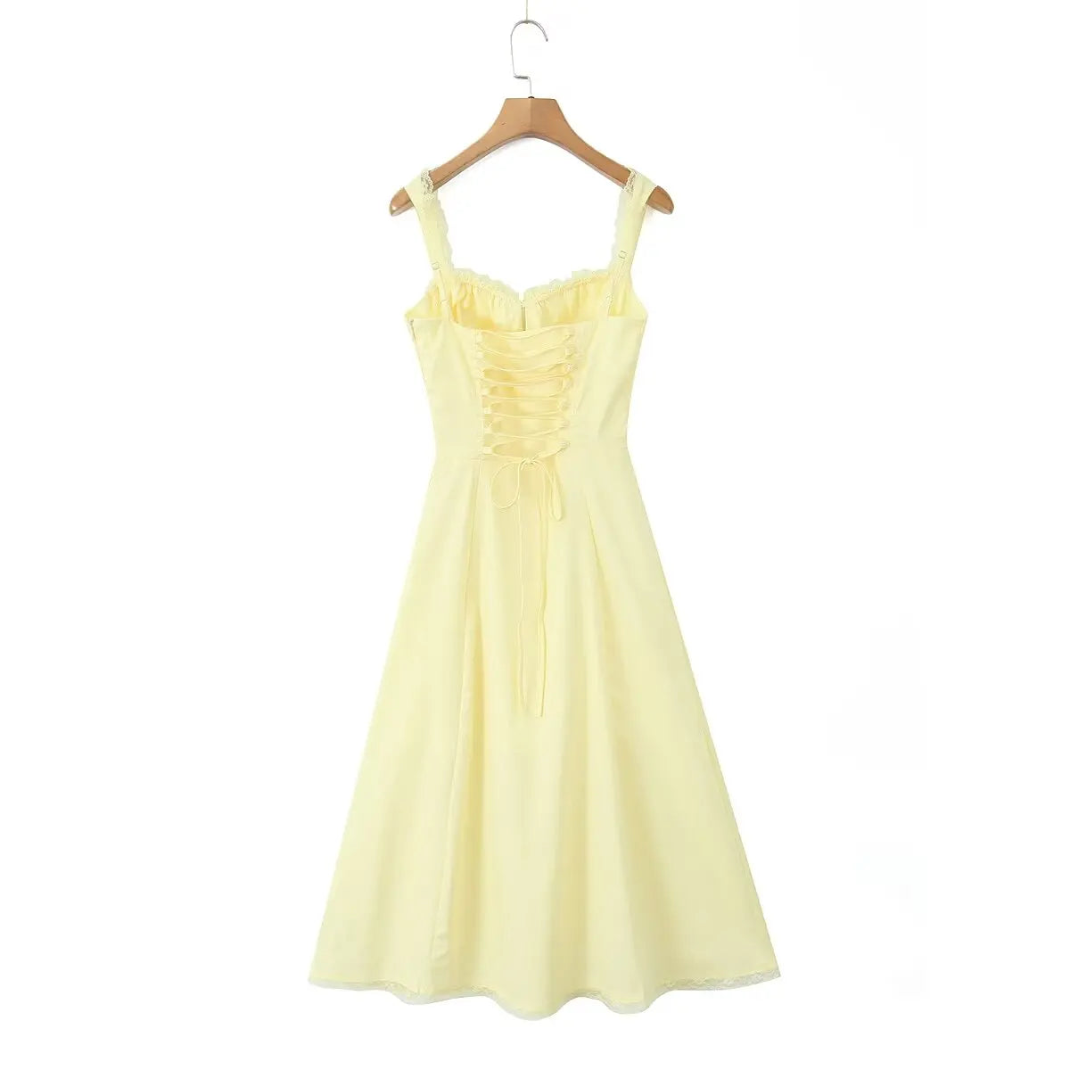 2024 Sexy Sky blue Splice Lace Bow Ruched Chest Corset Style Sling Dress Cross Bandage Lacing Up Back Hem Slit Midi Robe Women