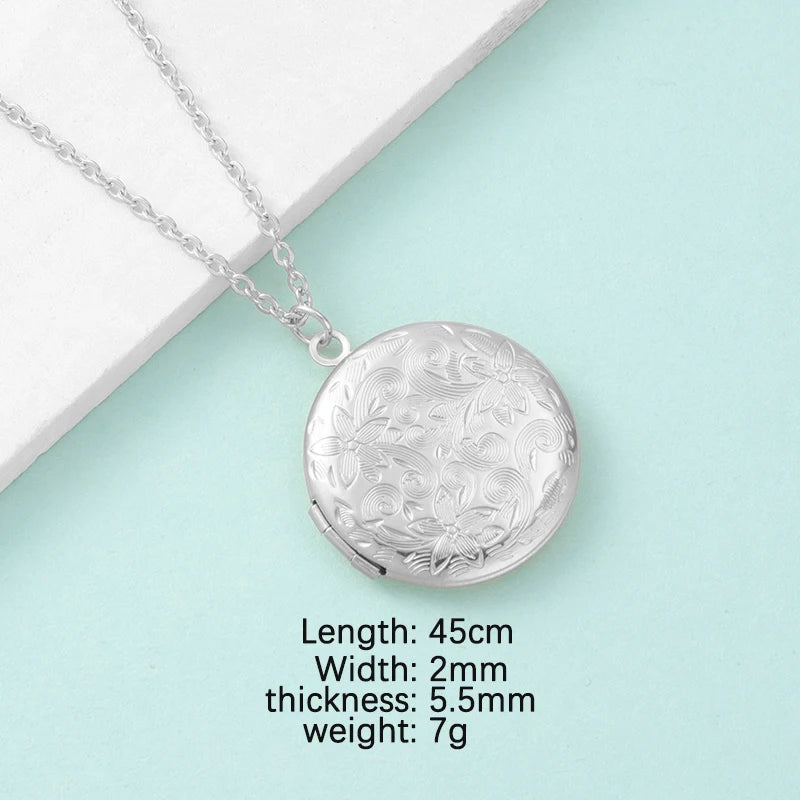 RUMNVNTY 5pc Carved Designs Round Photo Frame Pendant Necklace Stainless Steel Charms Locket Girls Women Memorial Jewelry