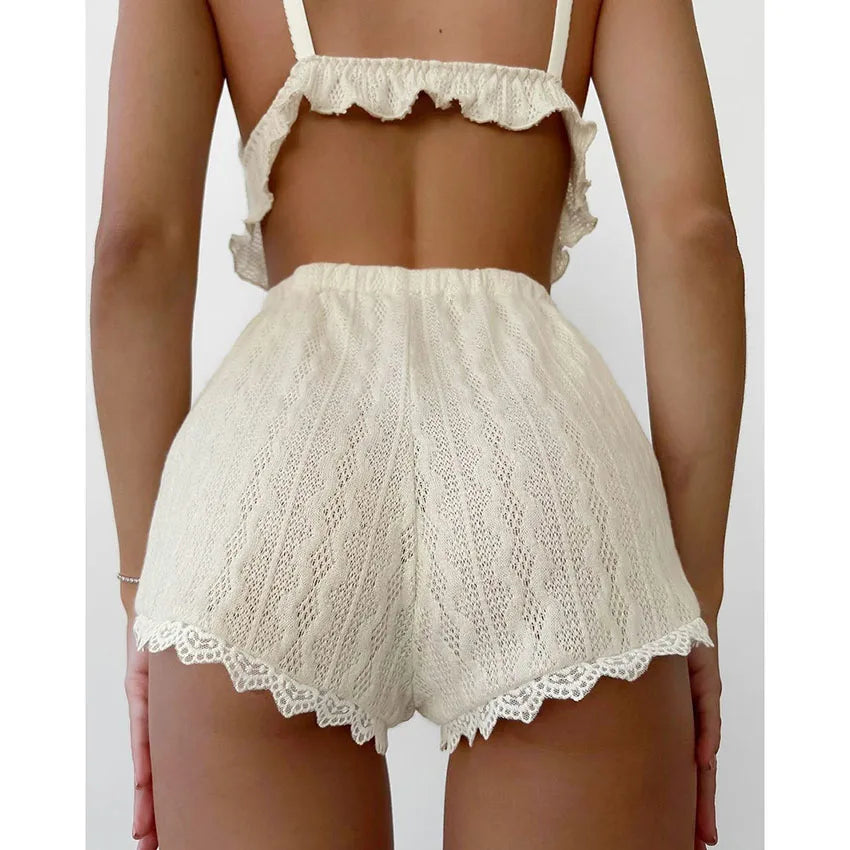 Women's Nightwear Set Sexy Lace-Trimmed Camisole Top with Cutout Details and Shorts Women's Loungewear