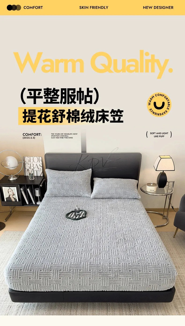 Winter Embossed Plush Fitted Sheet Soft Warm Coral Velvet Mattress Protector Cover Queen Size Deep Pocket Elastic Bed Sheet Set