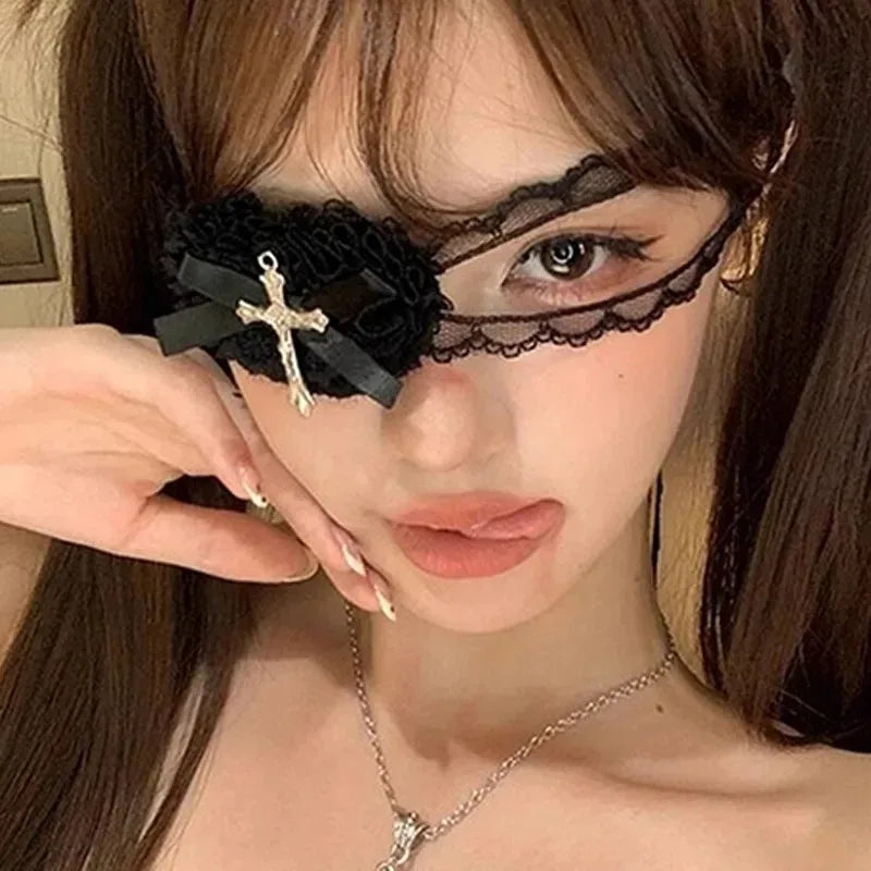 Vintage Punk Heart Bow Cross Eye Mask for Women Lolita Eye Patch Gothic Cosplay Decoration Lace Eyewear Leg Chain Accessories