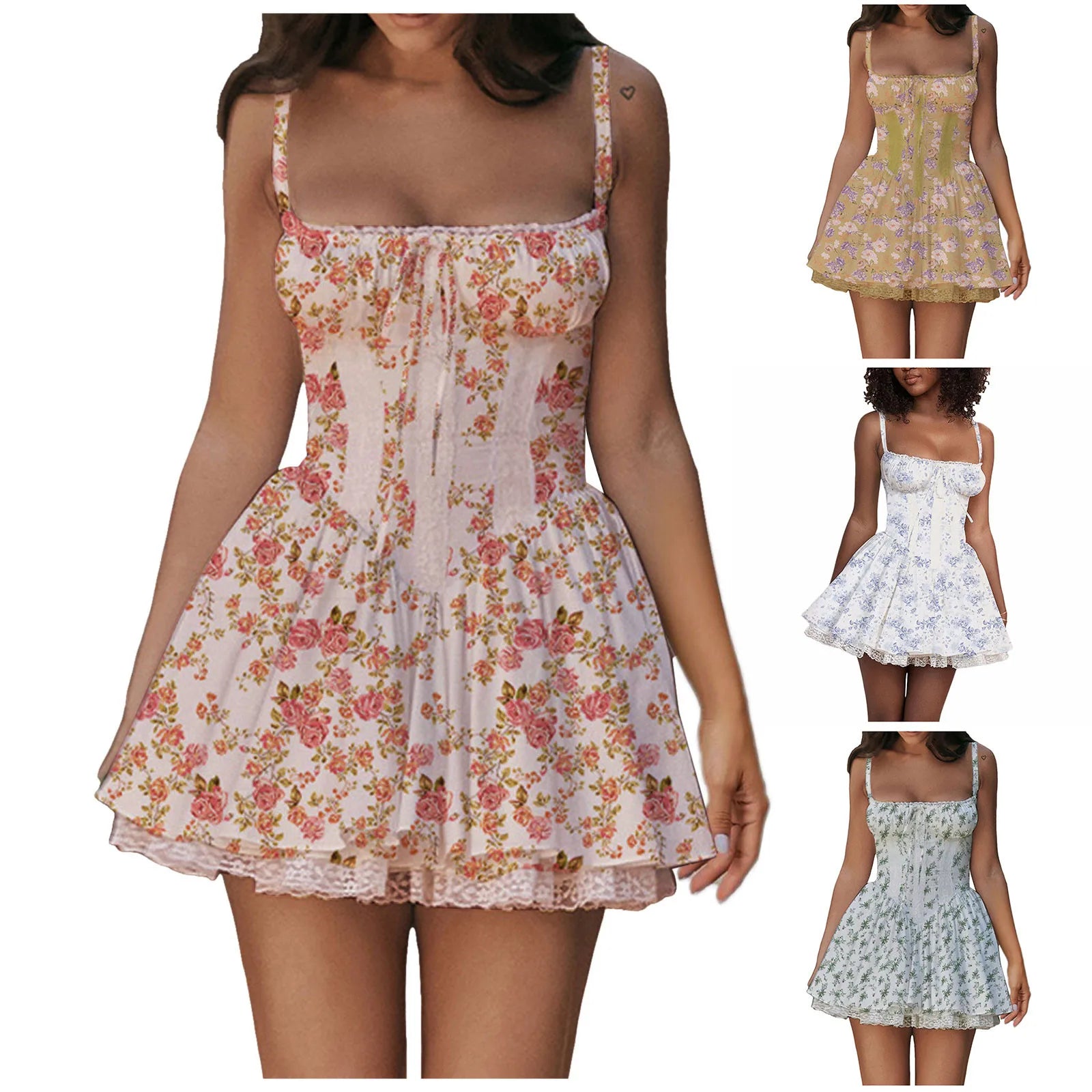 Dresses Sexy Lace Patchwork Waist Suspender Skirt Spaghetti Straps Adjustment Mini Floral Dress For Women 2025 Wedding Guest