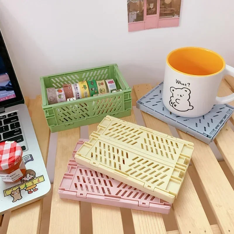 Folding Plastic Storage Box Collapsible Storage Mini Container Desktop Cosmetic Storage Basket Home Office Organizer Box