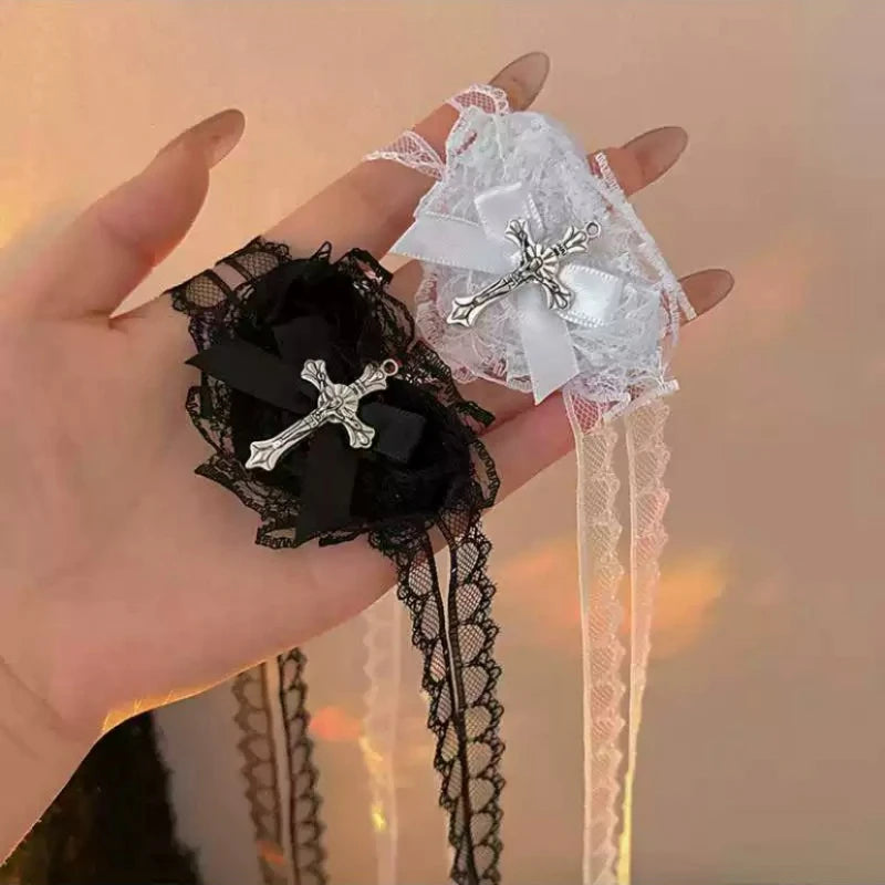 Black White Cross Eye Mask Women Lolita Heart Bowknot Lace Necklace Eye Patch Gothic Vibe Eyewear Punk Cosplay Party Accessories