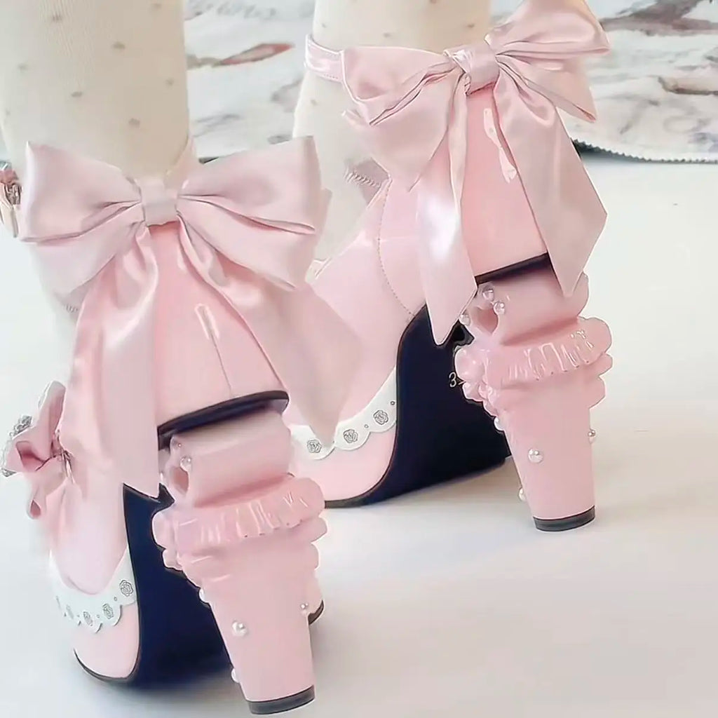 Original Sweet Lolita High Heels Fairy Style Japanese Cosplay Women Leather Shoe 5cm Design Bow Rhinestone Street Shoes Y2k