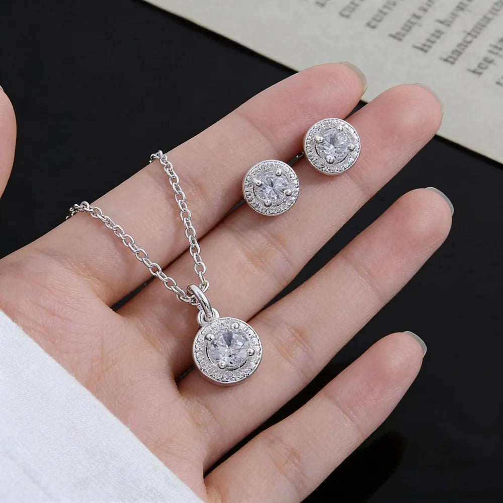 Sterling Silver Necklace Earring Set Promotion Lover Gifts Cute Fashion Noble Women Shiny Crystal Cz Jewelry Set Wedding