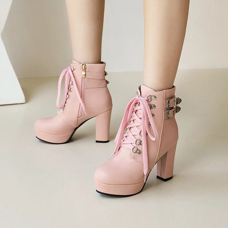 Winter Pink White Red Platform Ankle Boots Women High Chunky Heel Party Dress Lady Buckle Zipper Platform Short Motorcycle Boots