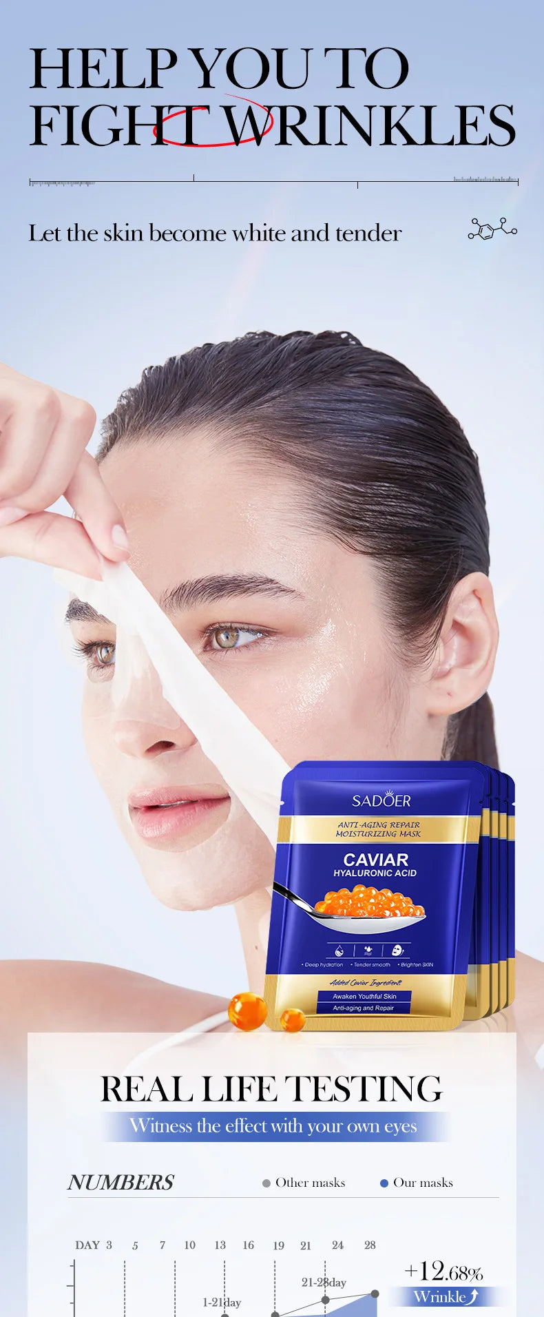 5pcs  Caviar Hyaluronic Acid Moisturizing Facial Masks Brightening Firming Hydrating Face Mask Facial Skin Care Products