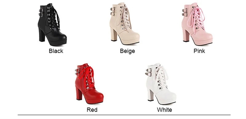 Winter Pink White Red Platform Ankle Boots Women High Chunky Heel Party Dress Lady Buckle Zipper Platform Short Motorcycle Boots