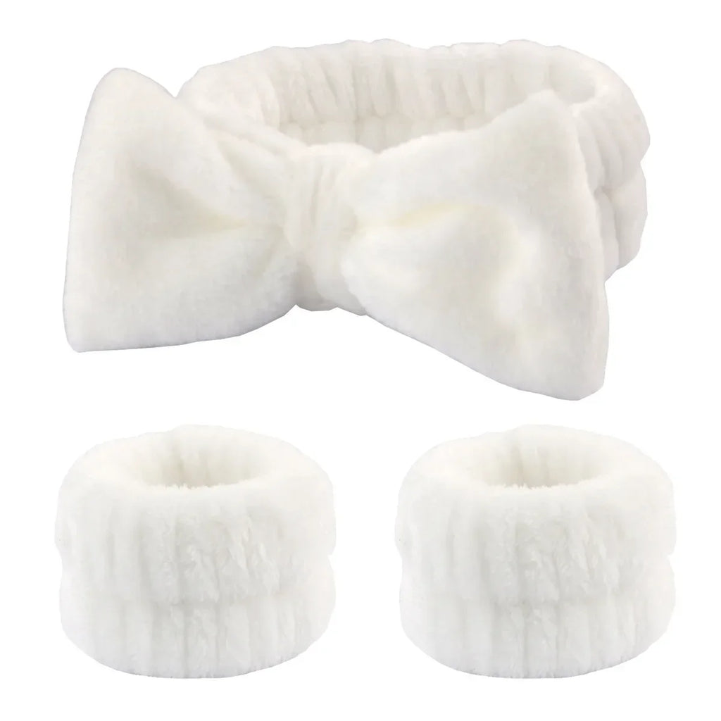 3Pcs Bow Headband Wristband Set Towel Elastic Soft Washing Face Shower Make Up Yoga Sports Skincare Headband for Women Girls