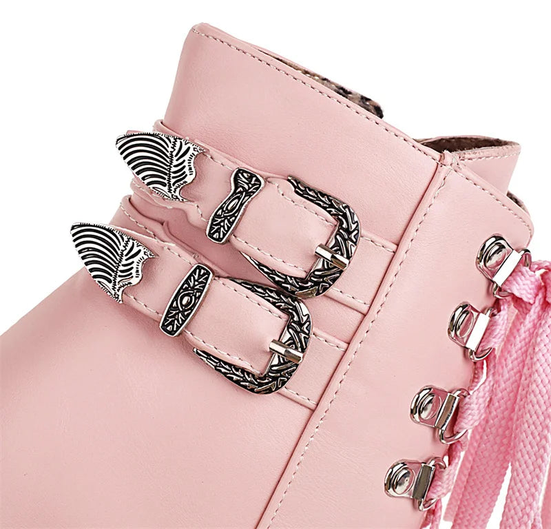 Winter Pink White Red Platform Ankle Boots Women High Chunky Heel Party Dress Lady Buckle Zipper Platform Short Motorcycle Boots