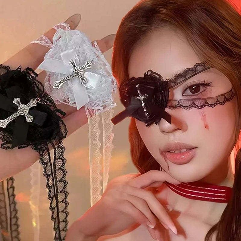 Black White Cross Eye Mask Women Lolita Heart Bowknot Lace Necklace Eye Patch Gothic Vibe Eyewear Punk Cosplay Party Accessories
