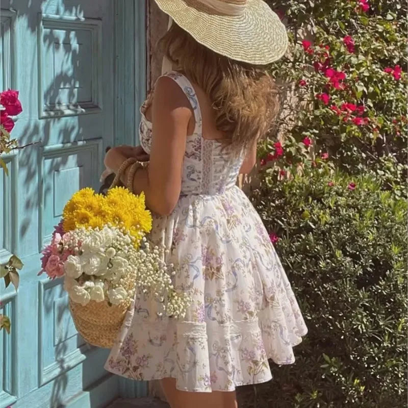 Floral Printed Summer Women's Dress Sleeveless Short Mini Tank Vestidos A-line Lace Dress 2025 New in Beach Vintage Party Dress