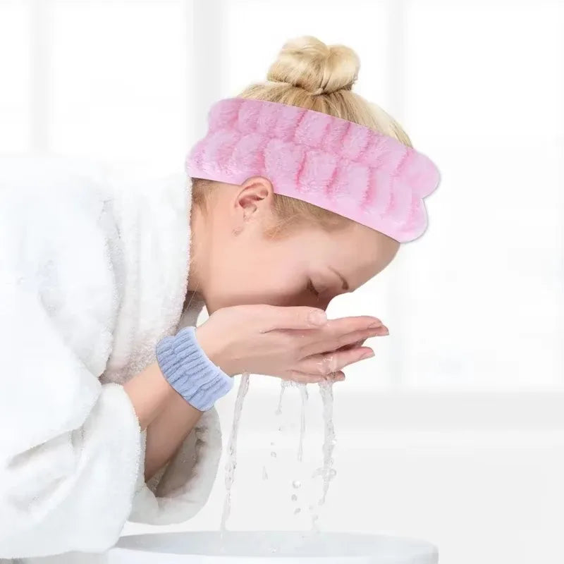 1-10Pairs Flannel Skincare Spa Wristband Makeup Facial Wrist Washband Face Towel Wash Bow Headband Scrunchie Set for Women