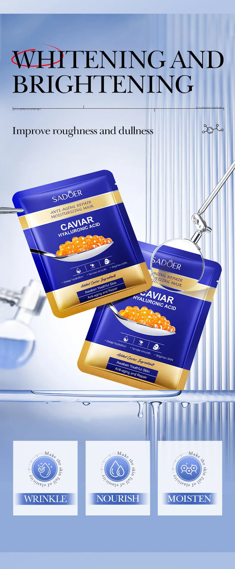 5pcs  Caviar Hyaluronic Acid Moisturizing Facial Masks Brightening Firming Hydrating Face Mask Facial Skin Care Products