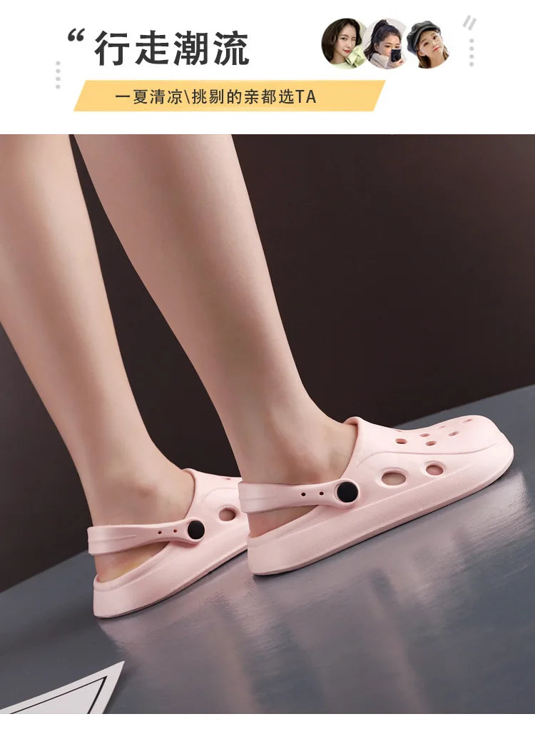 Slippers Summer Anti-Slip Couple Hollow Covered Toe Indoor Outdoor Casual Thick Bottom Sandals for Home Adults