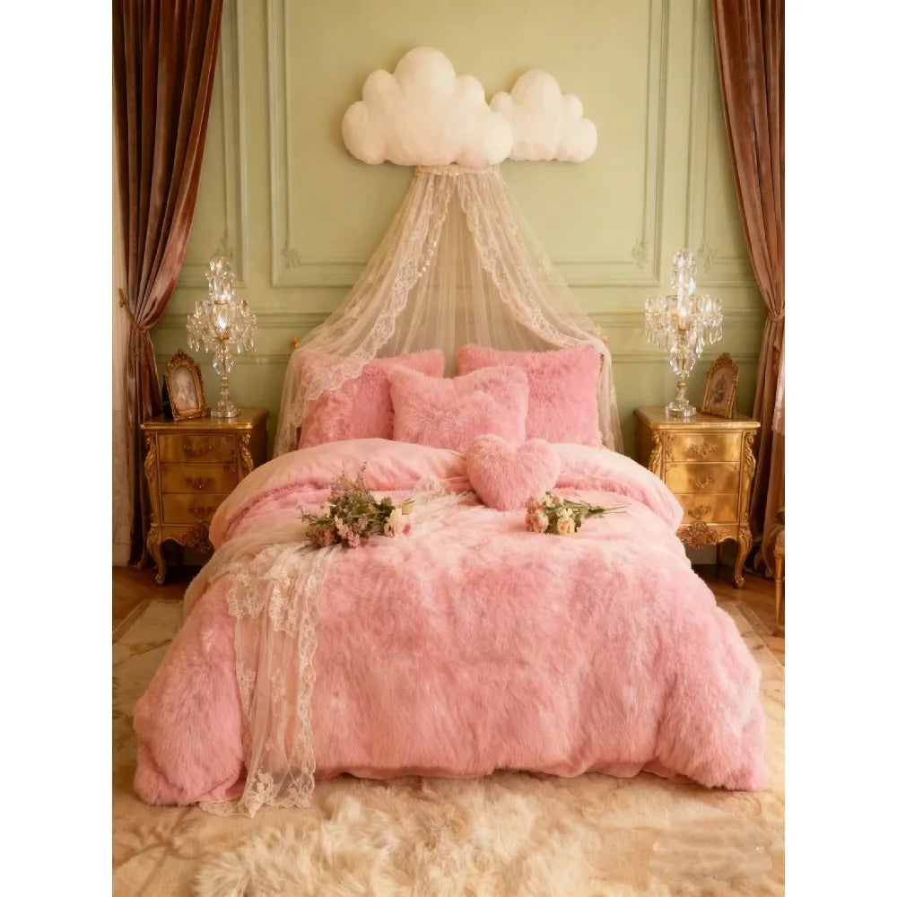 3/4 Set Of Light Luxury Solid Color Plush Bedding, 1/2 Pillowcase+1 Duvet Cover+Heart-Shaped Pillow, With Heart-Shaped Pillow, T