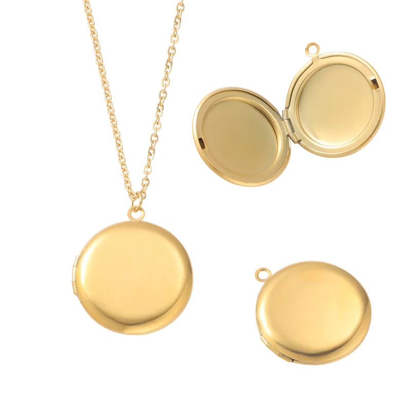 RUMNVNTY 5pc Carved Designs Round Photo Frame Pendant Necklace Stainless Steel Charms Locket Girls Women Memorial Jewelry