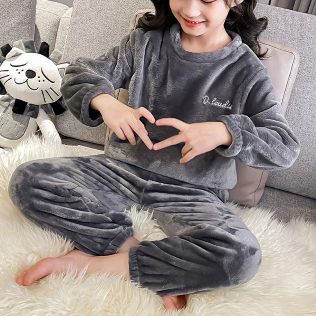Kids Pajamas Long Sleeve Lounge Wear Soft Flannel Sleepwear Cozy Pullover Tops Warm Trousers Girl Boy Nightwear Home Outfit Set