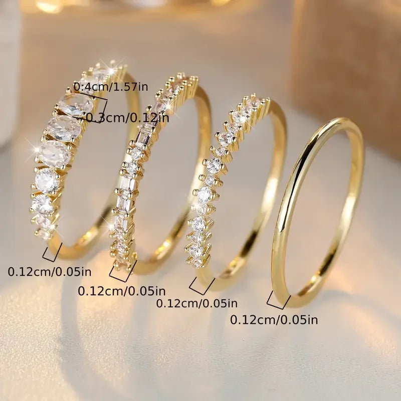 Exquisite Shining Inlaid Zirconia Geometric Ring 4 Pieces / Set of Women's Fashion Light Luxury Temperament Party Jewelry Gifts